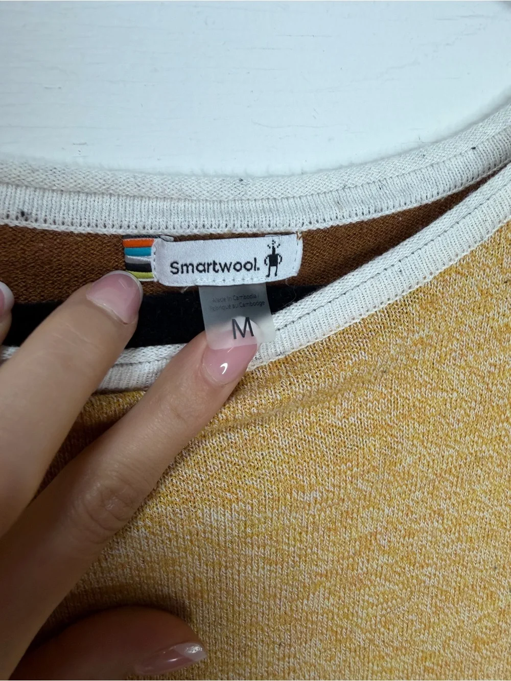 Smartwool Wool Blend Color Block Crew Neck Sweater Mustard Cream Women's Medium